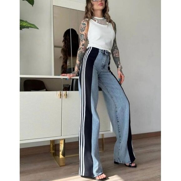 Womens High Waisted Wide Leg Stretch Denim Pants Color Block Casual - Picture 8 of 8